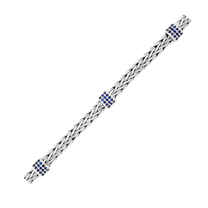 Pulsera tejida de plata de ley con estaciones de zafiro azul (6,35 mm)