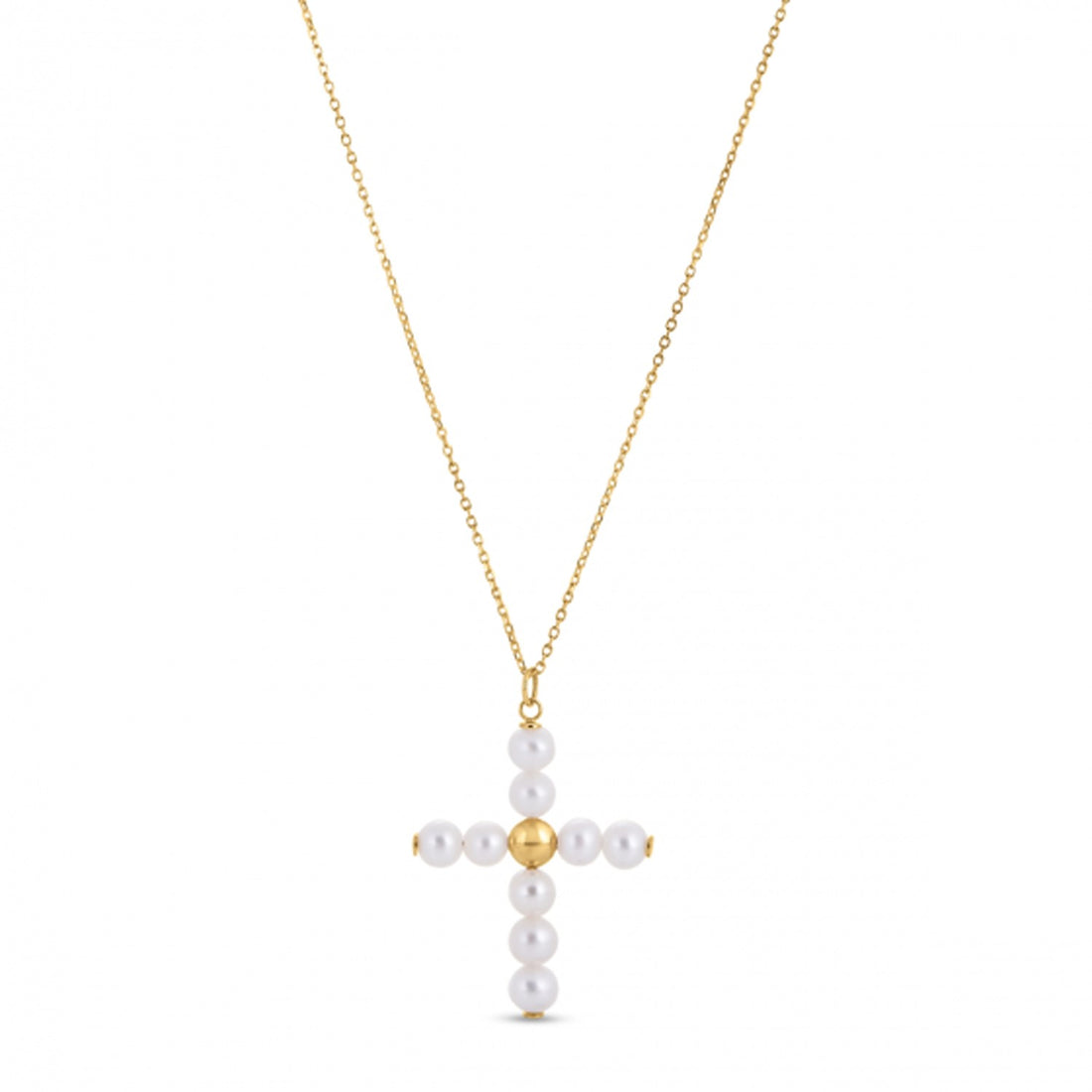 Colgante de cruz con perla en oro amarillo de 14 k