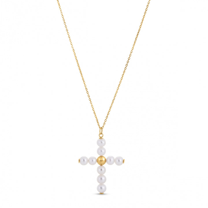 Colgante de cruz con perla en oro amarillo de 14 k