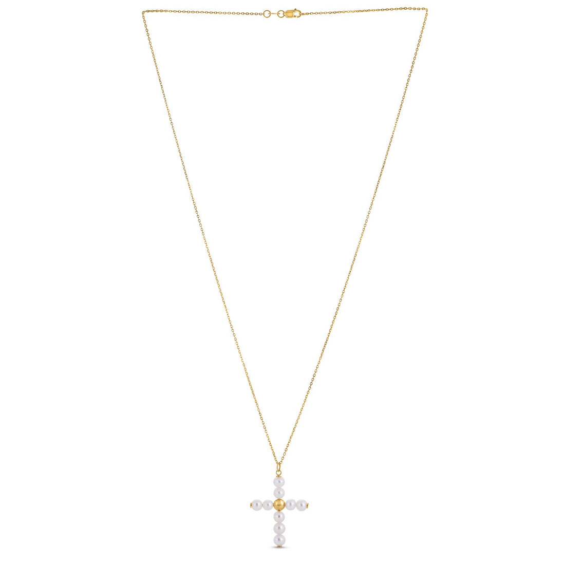 Colgante de cruz con perla en oro amarillo de 14 k
