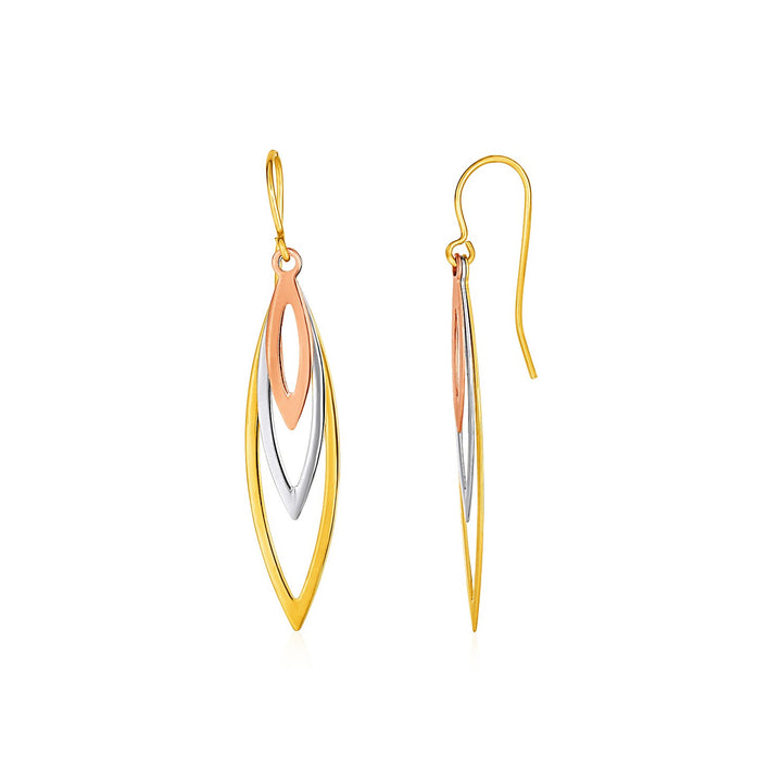 Pendientes marquesa abiertos graduados de tres tonos en oro amarillo, blanco y rosa de 10 k