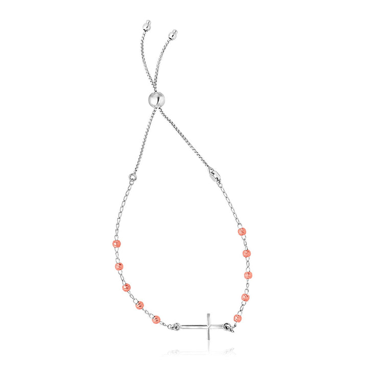 Pulsera ajustable de plata de ley con acabado blanco y rosa y cruz (1,20 mm)