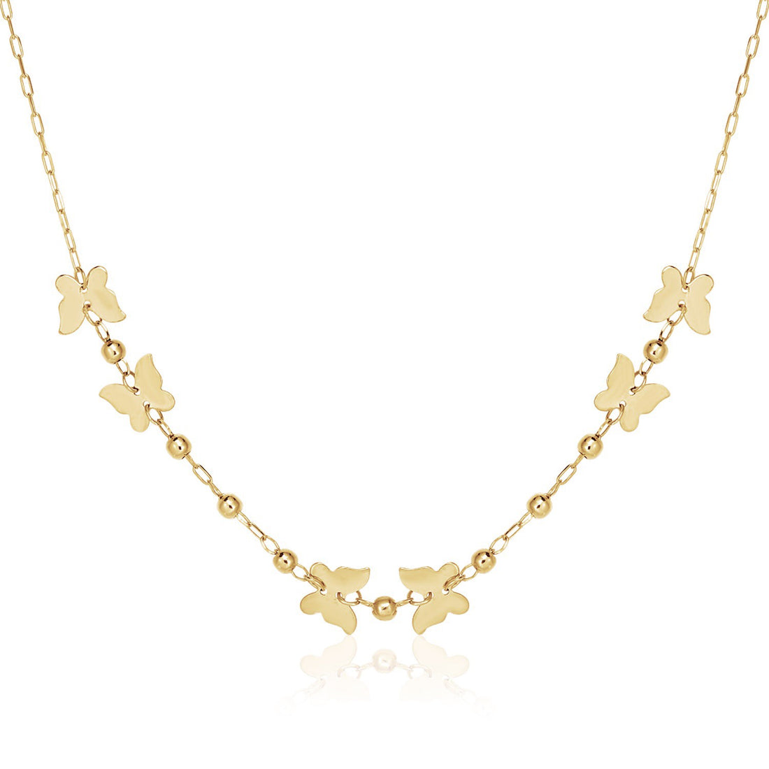14k Yellow Gold 18 inch Necklace with Polished Butterflies and Beads