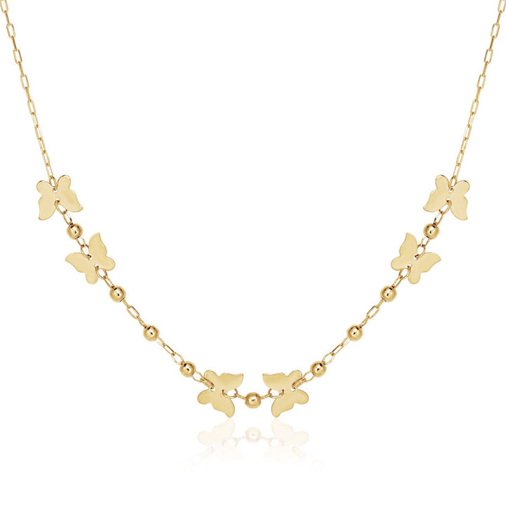 14k Yellow Gold 18 inch Necklace with Polished Butterflies and Beads