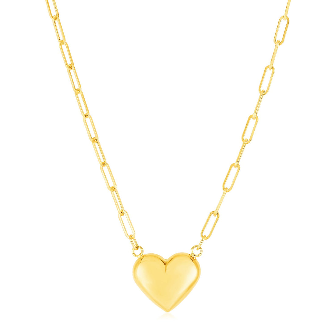 14k Yellow Gold Paperclip Chain Necklace with Puffed Heart
