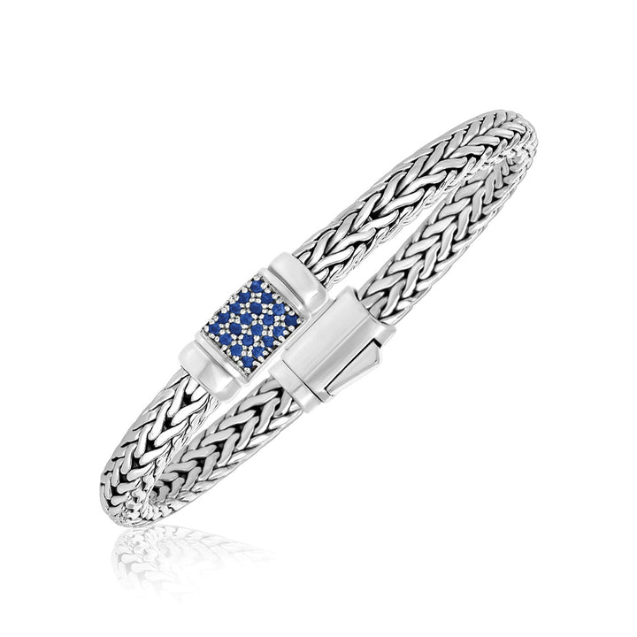 Pulsera de plata de ley con motivo de tejido y adornos de zafiro azul (7,00 mm)