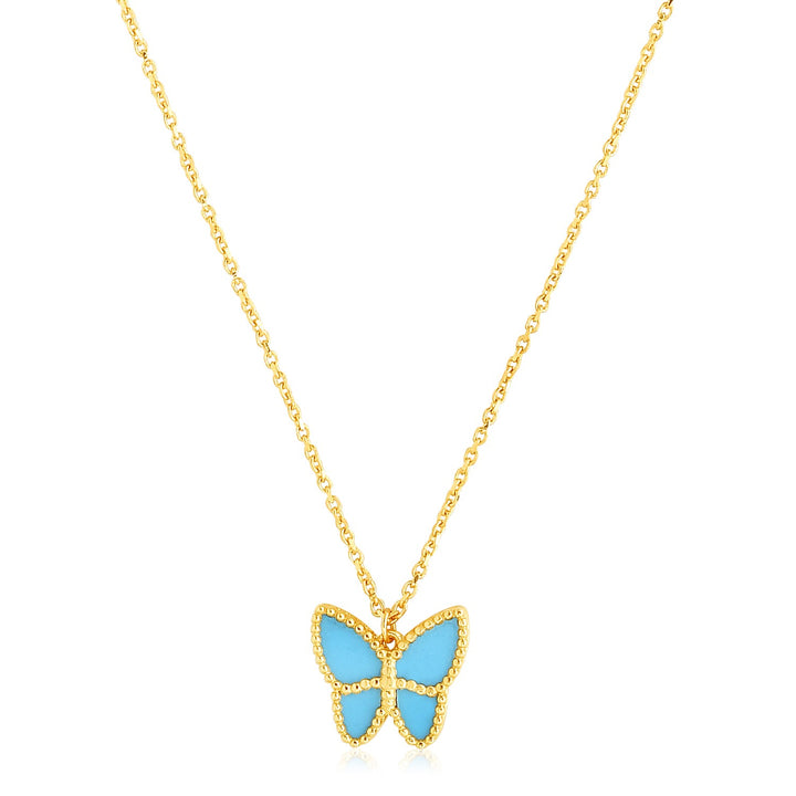 Collar de pasta turquesa con forma de mariposa de oro amarillo de 14 k muy pulido