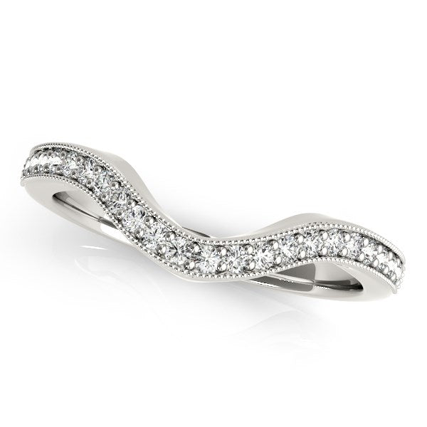 Alianza de bodas de oro blanco de 14 k con diamantes curvos y borde granulado (1/5 ct)