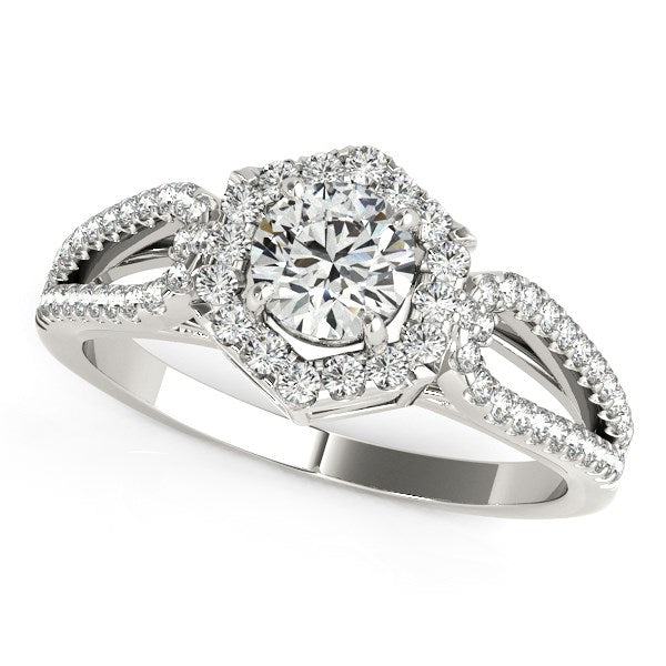 Anillo de compromiso de diamantes en oro blanco de 14 k con borde de halo hexagonal (7/8 cts)