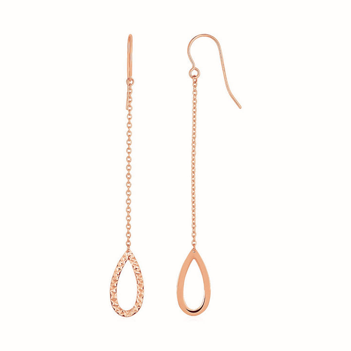 Pendientes largos con forma de pera texturizada en oro rosa de 14 k
