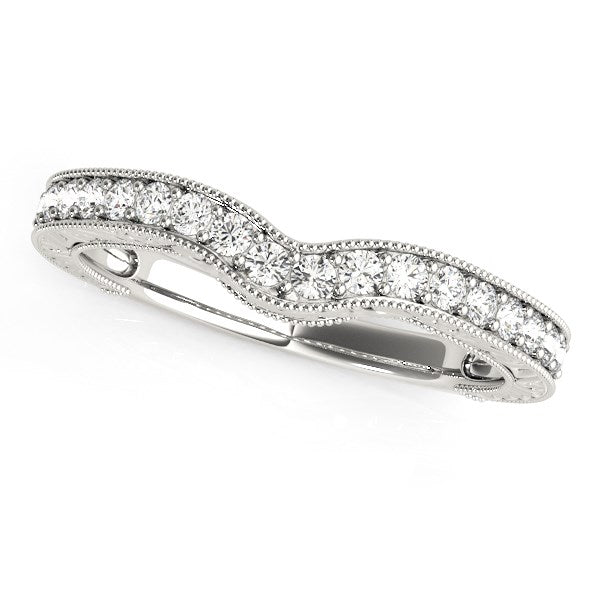 Alianza de bodas de oro blanco de 14 k con borde de cuentas y diamantes curvos (1/4 ct)