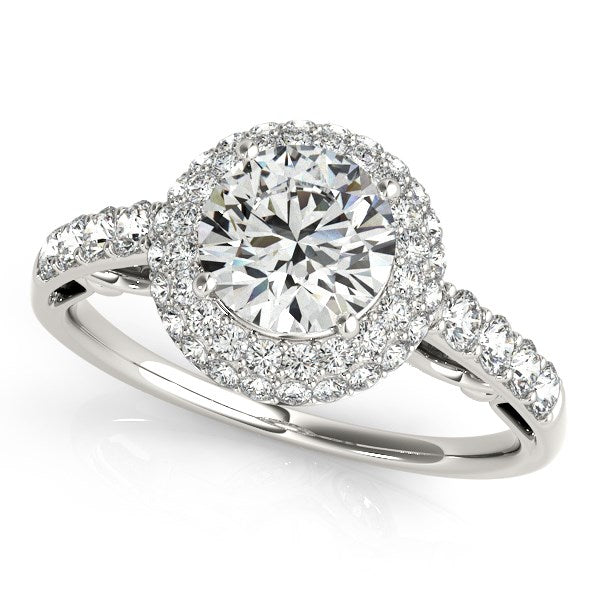 Anillo de compromiso de oro blanco de 14 k con halo de diamantes y cuerpo pavé (1 1/2 ct)