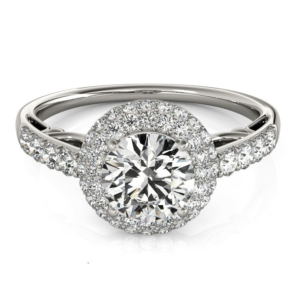 Anillo de compromiso de oro blanco de 14 k con halo de diamantes y cuerpo pavé (1 1/2 ct)