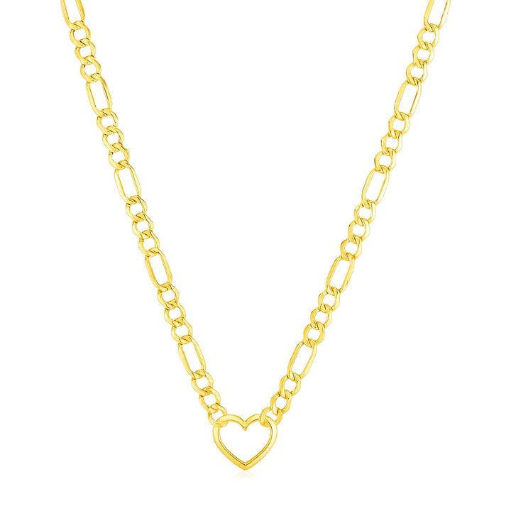 Collar de cadena Figaro de oro amarillo de 14 k con corazón