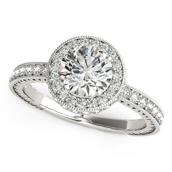 Anillo de compromiso de oro blanco de 14 k con borde milgrain y pavé de diamantes (1 1/2 ct)