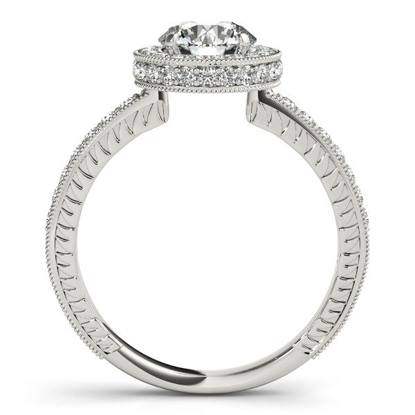 Anillo de compromiso de oro blanco de 14 k con borde milgrain y pavé de diamantes (1 1/2 ct)