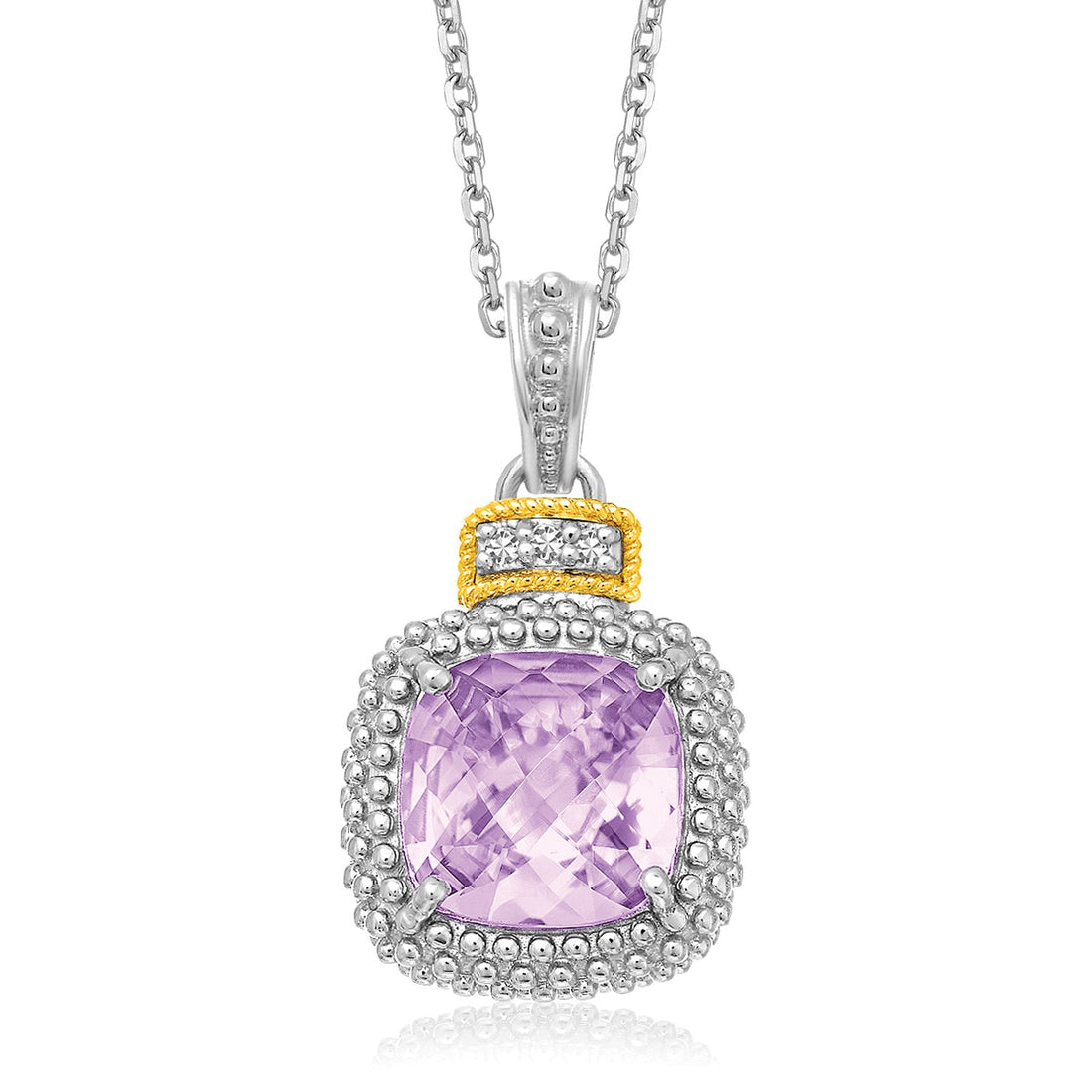 Colgante de amatista y diamantes en forma de cojín en oro amarillo de 18 quilates y plata de ley
