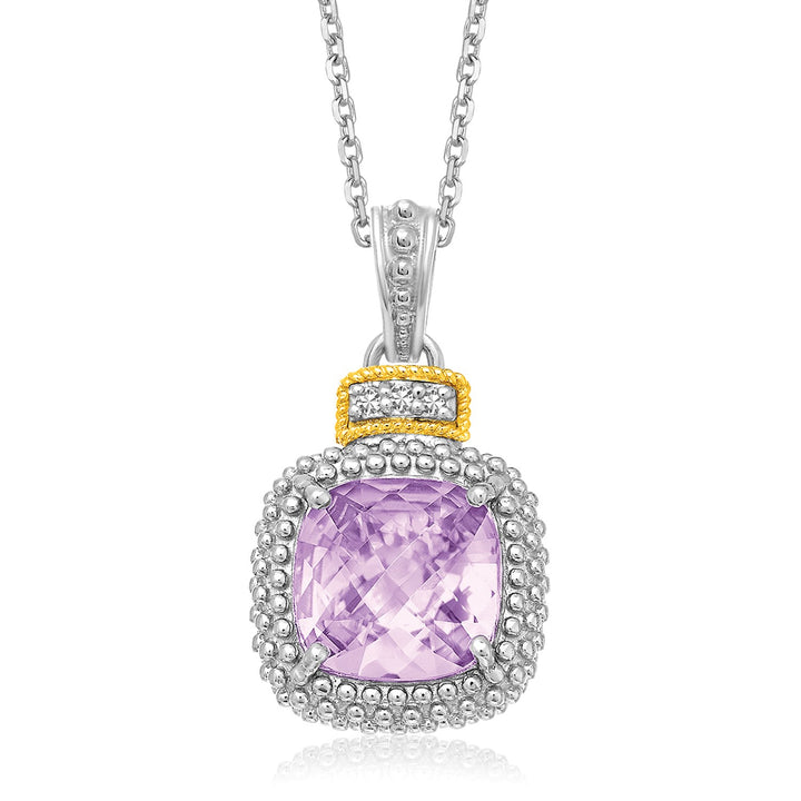 Colgante de amatista y diamantes en forma de cojín en oro amarillo de 18 quilates y plata de ley