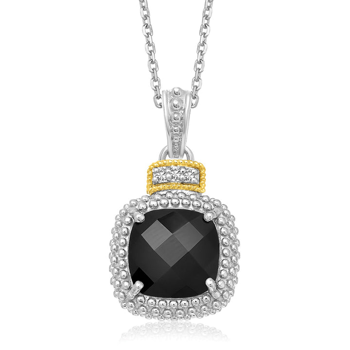 Colgante de palomitas de maíz en forma de cojín de ónix negro y diamantes en oro amarillo de 18 quilates y plata de ley