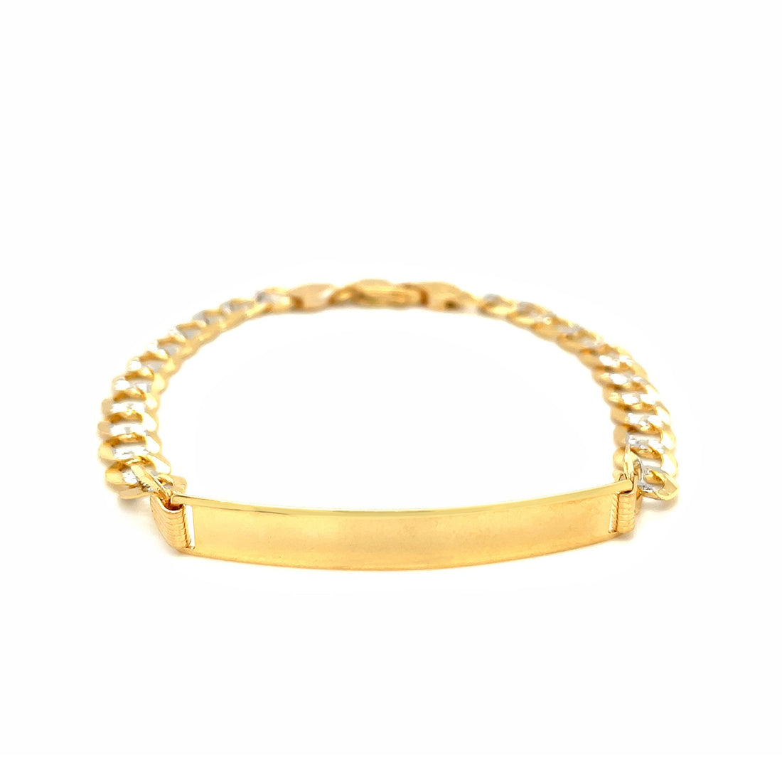 14k Two Tone Gold Mens Narrow Curb Chain ID Bracelet with White Pave (6.70 mm)