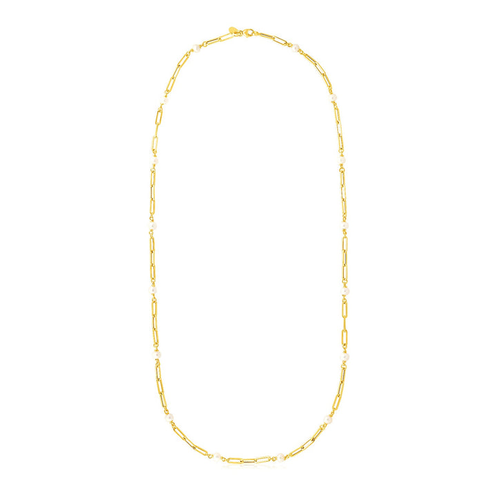 14k Yellow Gold Paperclip Chain and Pearl Necklace