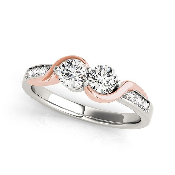 Anillo de oro blanco y rosa de 14 k con dos diamantes redondos y curvados (5/8 ct)
