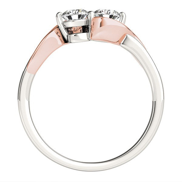 Anillo de oro blanco y rosa de 14 k con dos diamantes redondos y curvados (5/8 ct)
