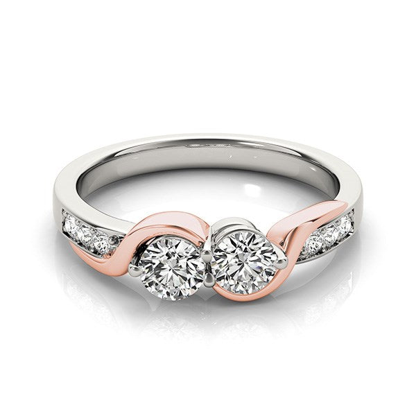 Anillo de oro blanco y rosa de 14 k con dos diamantes redondos y curvados (5/8 ct)