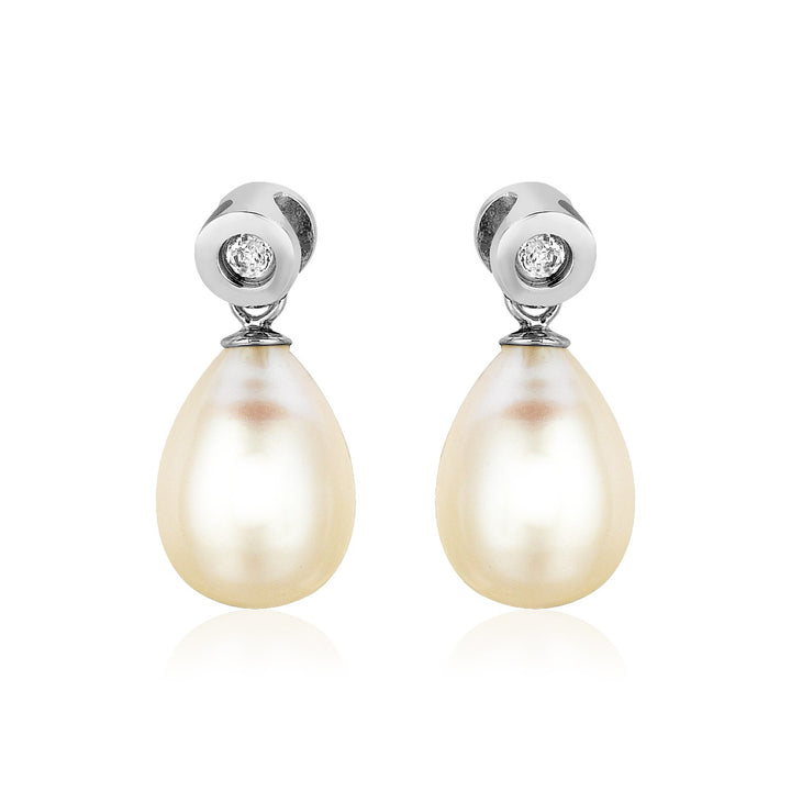 Sterling Silver Earrings with Pear Shaped Freshwater Pearls and Cubic Zirconias