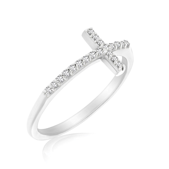 Anillo de oro blanco de 14 k con motivo de cruz y detalles de diamantes (0,11 ct)