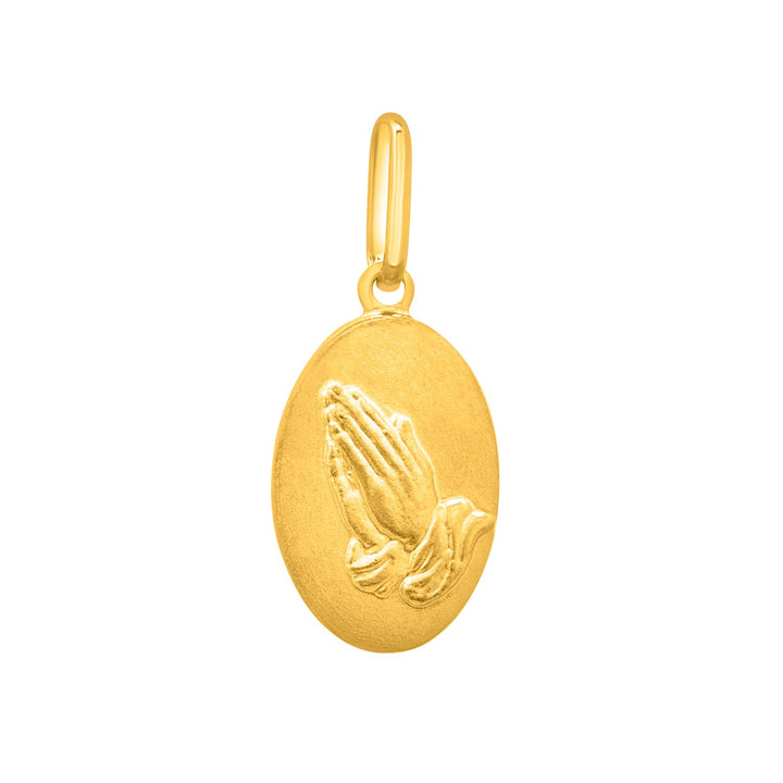Colgante religioso con manos en oración en oro amarillo de 14 quilates