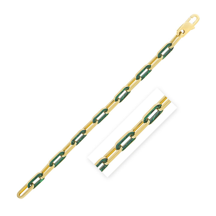 Pulsera de eslabones con gemas de malaquita y clip de papel en oro amarillo de 14 k (7,00 mm)