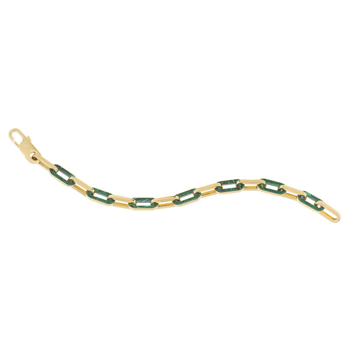 Pulsera de eslabones con gemas de malaquita y clip de papel en oro amarillo de 14 k (7,00 mm)