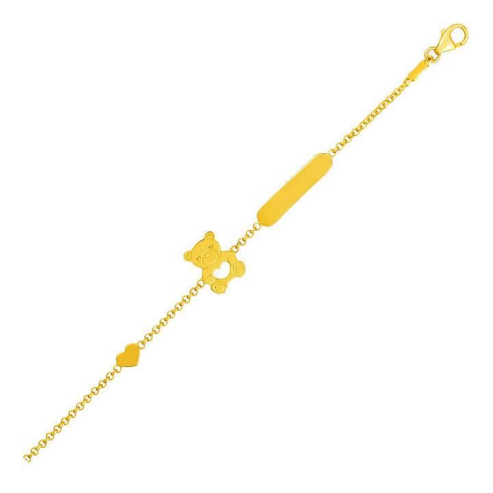 Pulsera infantil de oro amarillo de 14 k con corazón y barra de osito de peluche