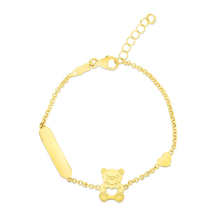 Pulsera infantil de oro amarillo de 14 k con corazón y barra de osito de peluche