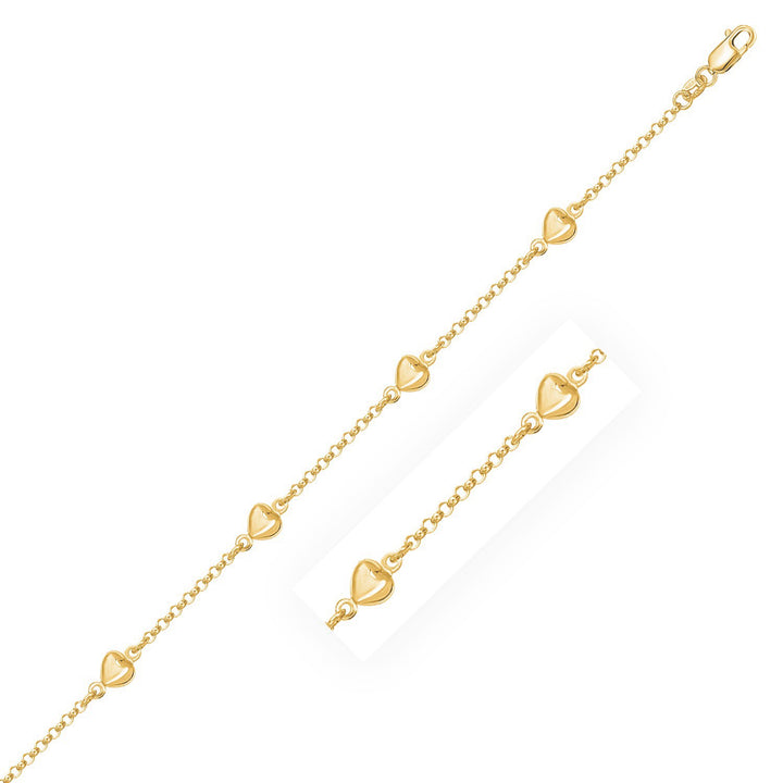 Pulsera de cadena rolo de oro amarillo de 14 k con estaciones de corazón inflado (3,30 mm)