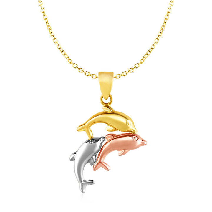 Colgante con tres delfines en oro tricolor de 10k