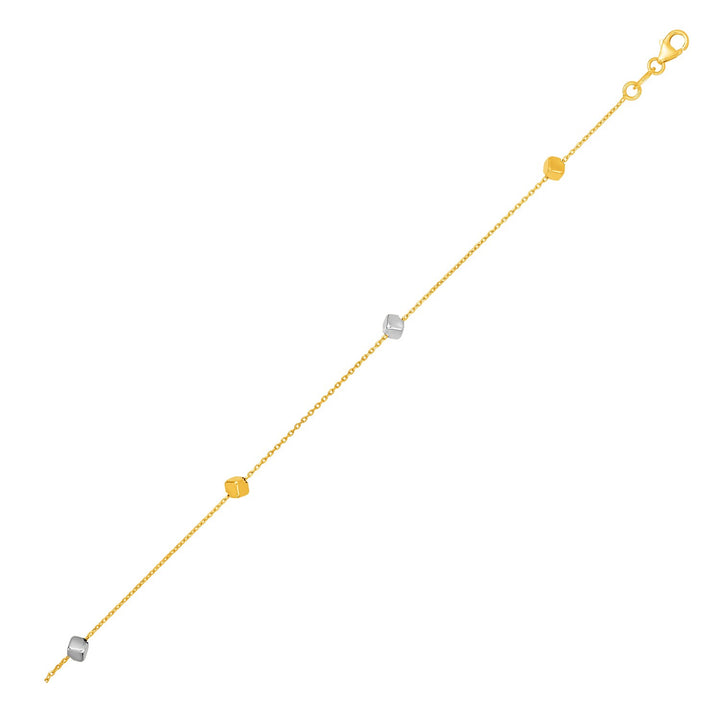 Pulsera de oro de dos tonos de 14 k con cubos pulidos
