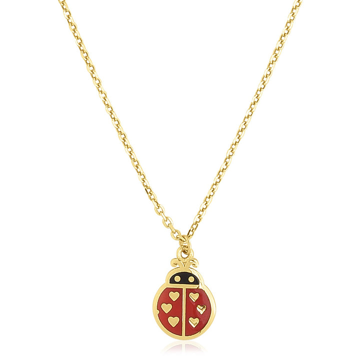 Collar de esmalte con forma de mariquita de oro amarillo de 14 k muy pulido
