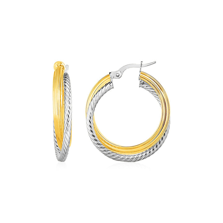 Aros texturizados y brillantes de dos piezas en oro amarillo y blanco de 14 k (4 x 20 mm)