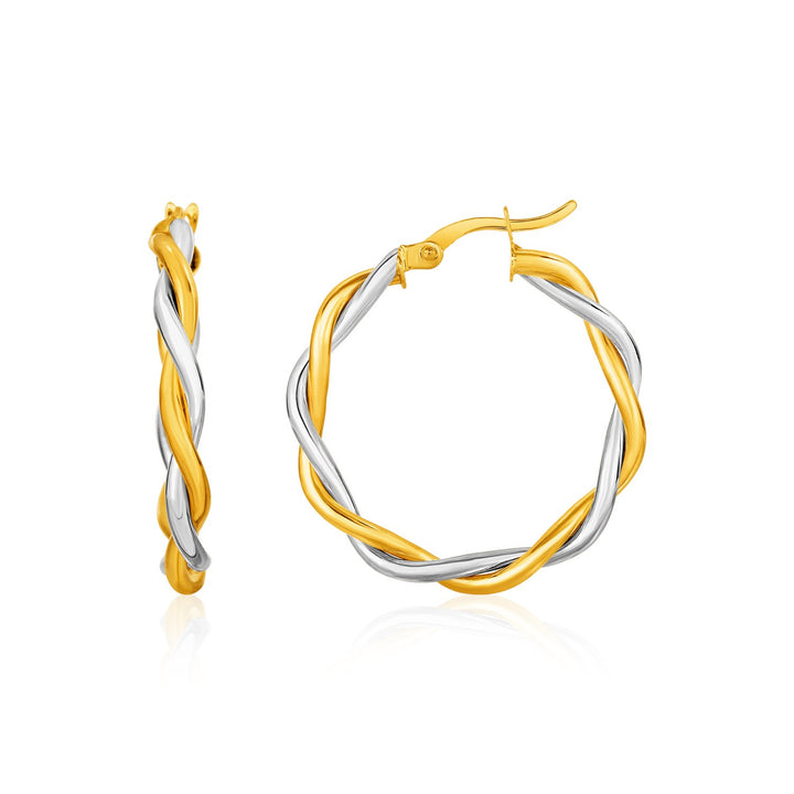 Aros redondos de alambre trenzado de dos tonos en oro amarillo y blanco de 10 k (3 x 20 mm)