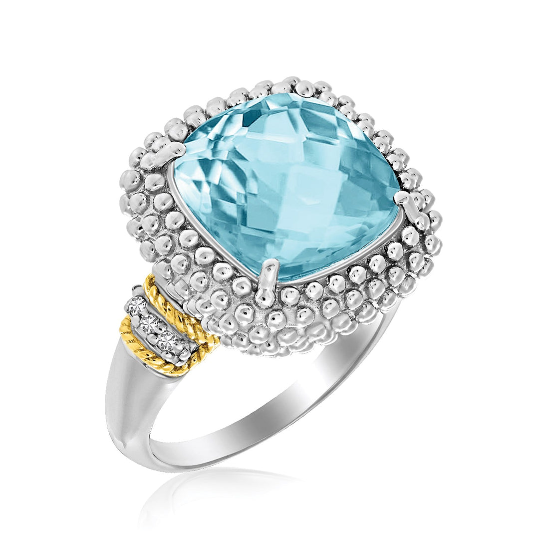 Anillo de palomitas de maíz con diamantes y topacio azul cielo en plata de ley y oro amarillo de 18 k