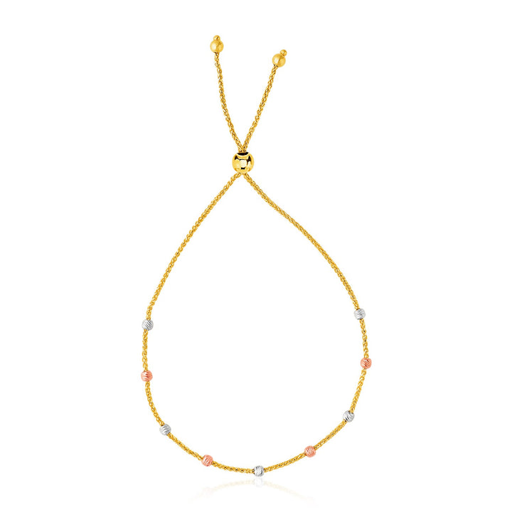 Pulsera de oro tricolor de 14 k con cuentas texturizadas y lazo (5,00 mm)
